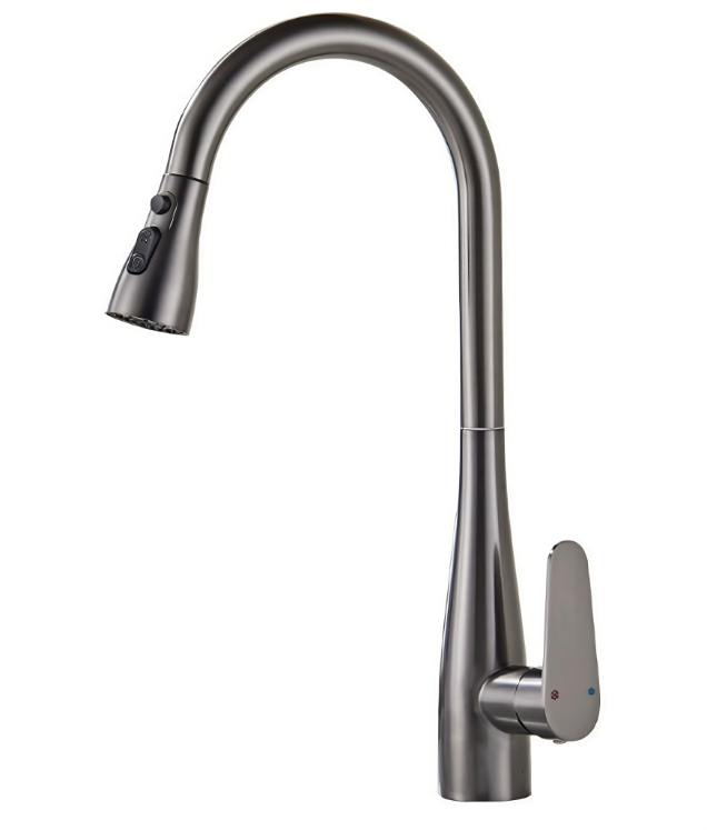 Gunmetal Boz Yüksək Qövslü Qaz Boyunlu İsti və Soyuq Mətbəx Kranı